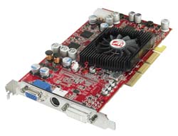 A red printed circuit board with a black heatsink and fan, various capacitors, and a silver metal output bracket.