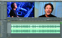 Video editing software interface displaying two video windows and a green audio waveform timeline.