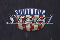 Logo for Southern Steel featuring white text over a red and white striped shield.