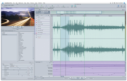 A digital audio workstation interface showing waveform tracks, a timeline, and a preview image of a night road.