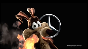 A brown cartoon animal character with large eyes positioned in front of a silver Mercedes-Benz emblem.