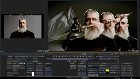 Video editing software interface displaying a man with a white beard and a stylized, fragmented effect.