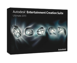 A black software box for Autodesk Entertainment Creation Suite Ultimate 2013 featuring five stylized silver icons.