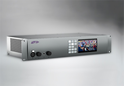 A silver Avid media server with a small digital screen and a keypad on the front panel.