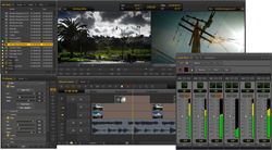 Screenshot of a video editing software interface showing timeline, mixer, and preview windows.