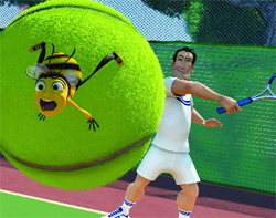 A cartoon bee clings to a giant tennis ball as a man in white tennis attire swings a racket.