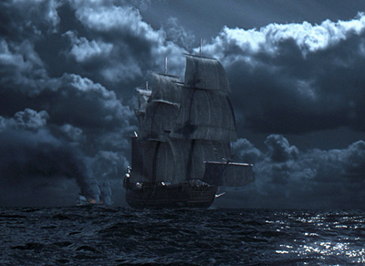 A large multi-masted sailing ship navigates dark, choppy waters under a heavy, cloudy sky.
