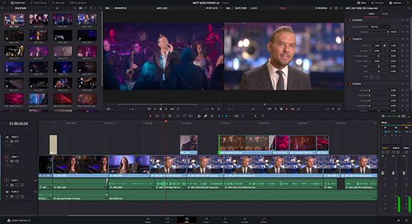 A video editing software interface showing a timeline, media pool, and dual video preview monitors.