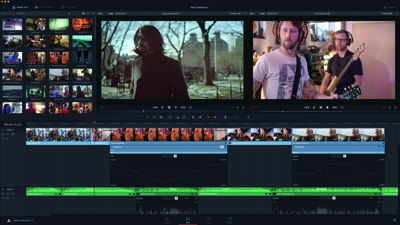 A video editing software interface displaying a media library, two video preview windows, and a multi-track timeline.