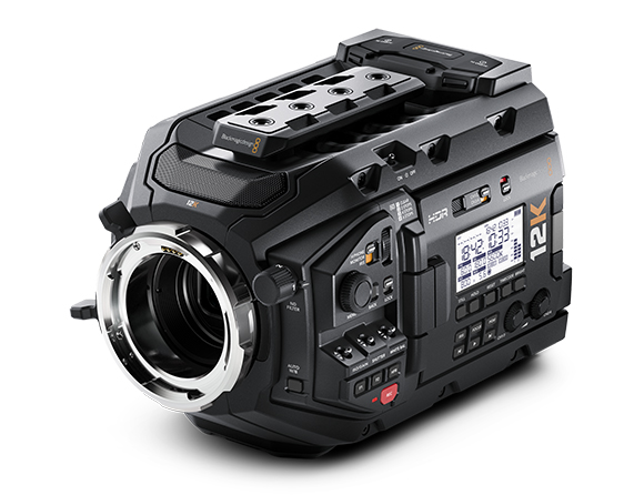 A black professional digital cinema camera with a large lens mount and various control buttons and displays.
