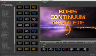 Software interface showing a file browser on the left and a video preview of Boris Continuum Complete 9 on the right.
