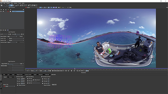 Video editing software interface showing a wide-angle view of a boat and people on blue ocean water.