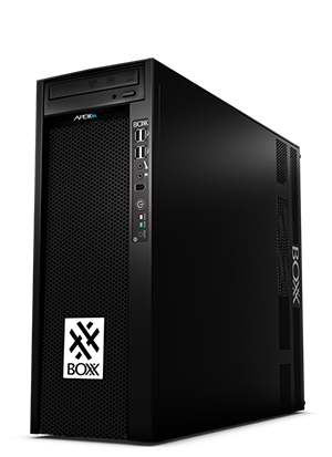 A black BOXX brand desktop computer tower standing vertically against a white background.