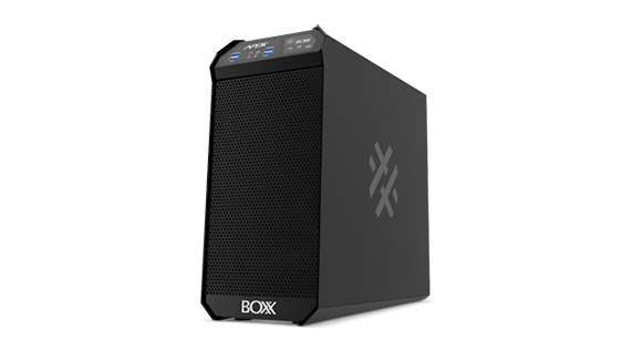 A black, rectangular BOXX computer workstation with a mesh front and a logo on the side.