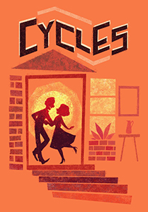 Stylized orange and red illustration of a silhouette couple dancing in a doorway.
