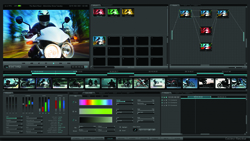 A dark-themed video editing software interface showing a motorcycle video, timeline, and color grading tools.