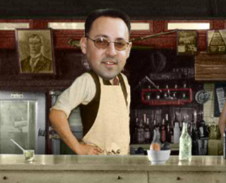 A man with glasses and a superimposed head stands behind a bar with bottles and a framed picture on the wall.