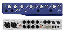 Top view of a blue audio interface with knobs and a bottom view of a silver interface with various audio ports.