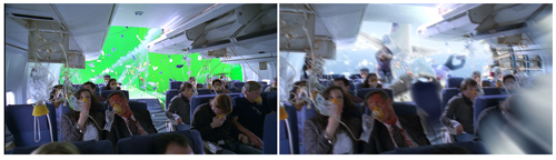 Passengers in an airplane cabin wearing oxygen masks, shown in two different visual states.