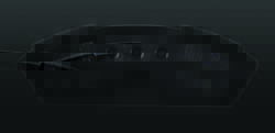 A dark electronic control panel featuring numerous small blue lights and circular dials against a black background.