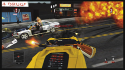 A video game scene showing a car chase with explosions, gunfire, and a white car being shot at.