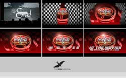 Storyboard frames showing Coca-Cola logos with cinematic elements like film strips and movie theater motifs.
