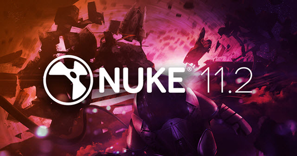 Nuke 11.2 logo set against a background of exploding space debris in red and purple tones.