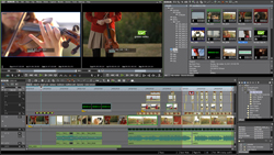A digital video editing software interface showing a timeline, media bin, and preview windows.