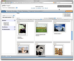 A web browser displaying the Getty Images website with various image search results and navigation menus.