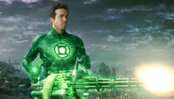 A man in a green superhero suit holds a glowing green energy weapon against a dark, cloudy sky.
