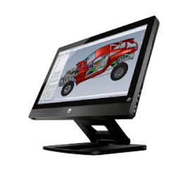 A black computer monitor displaying a red 3D CAD model of a car chassis on a white background.