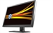 A computer monitor showing an abstract wallpaper with flowing yellow and orange light streaks on a black background.