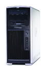 A silver and black vertical desktop computer tower standing against a white background.