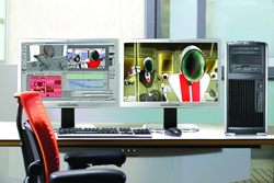 Two computer monitors displaying animation software and characters next to a desktop tower on a desk.