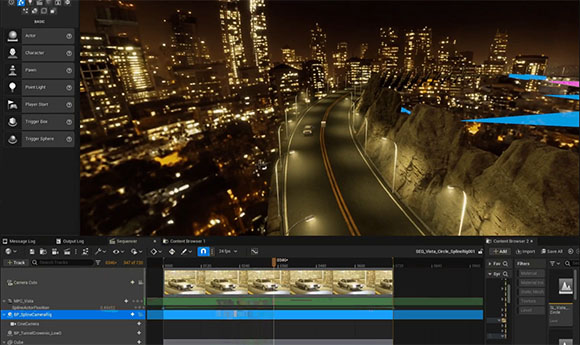 A 3D rendering environment displays a nighttime cityscape with a road and cars, alongside a timeline editor interface.