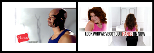 Split advertisement showing a man in a blue tank top and a woman in a pink top with Hanes branding.