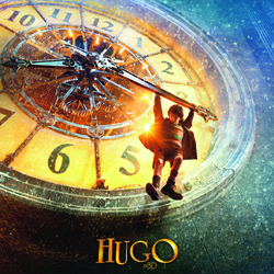 A young boy hangs onto the large metal hands of a glowing, oversized clock face.