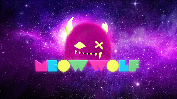 A pink fuzzy monster with horns and a yellow eye against a purple starry nebula background with Meow Wolf text.