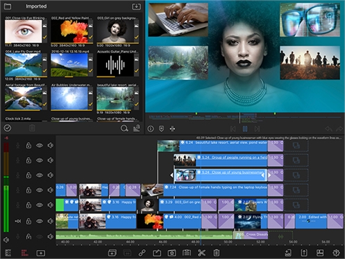 A video editing software interface with a media bin, preview window, and multi-track timeline.