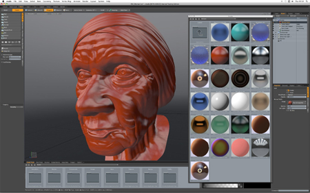 3D modeling software showing a red clay sculpt of an elderly woman next to a grid of material spheres.