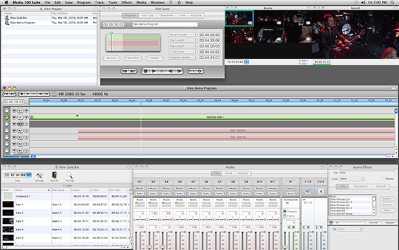 Interface of Media 100 Suite video editing software showing timeline, video preview, and audio tracks.
