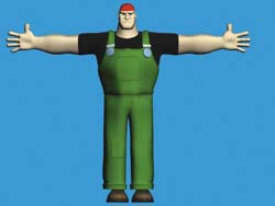 3D animated man in green overalls and a red cap standing with arms spread wide against a blue background.