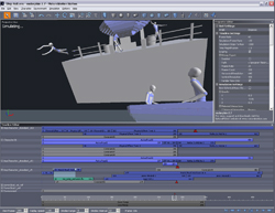 A 3D modeling software interface displaying a gray digital environment with simple human figures and a timeline.