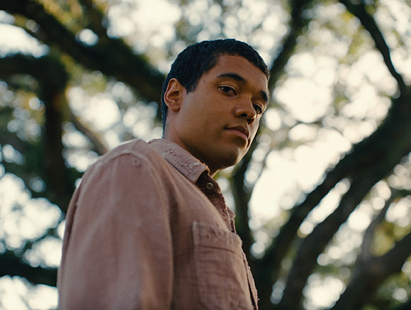 A young man in a pink button-down shirt looks toward the camera with trees in the background.