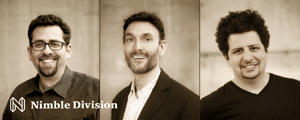 Three men smiling in separate sepia-toned portrait panels with the text Nimble Division at the bottom.