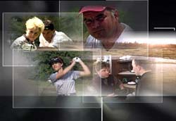 A collage of overlapping rectangular frames showing close-ups of people and a person swinging a golf club.