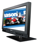 A black computer monitor on a stand displaying a formula racing car on the screen.