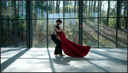 A man and a woman in a red dress dancing in a room with floor-to-ceiling windows overlooking a forest.