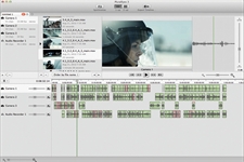 A video editing software interface with multiple media tracks, a preview window of a person, and a timeline.