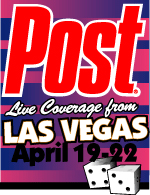 Graphic advertising live coverage from Las Vegas, April 19-22, with dice and the word Post.